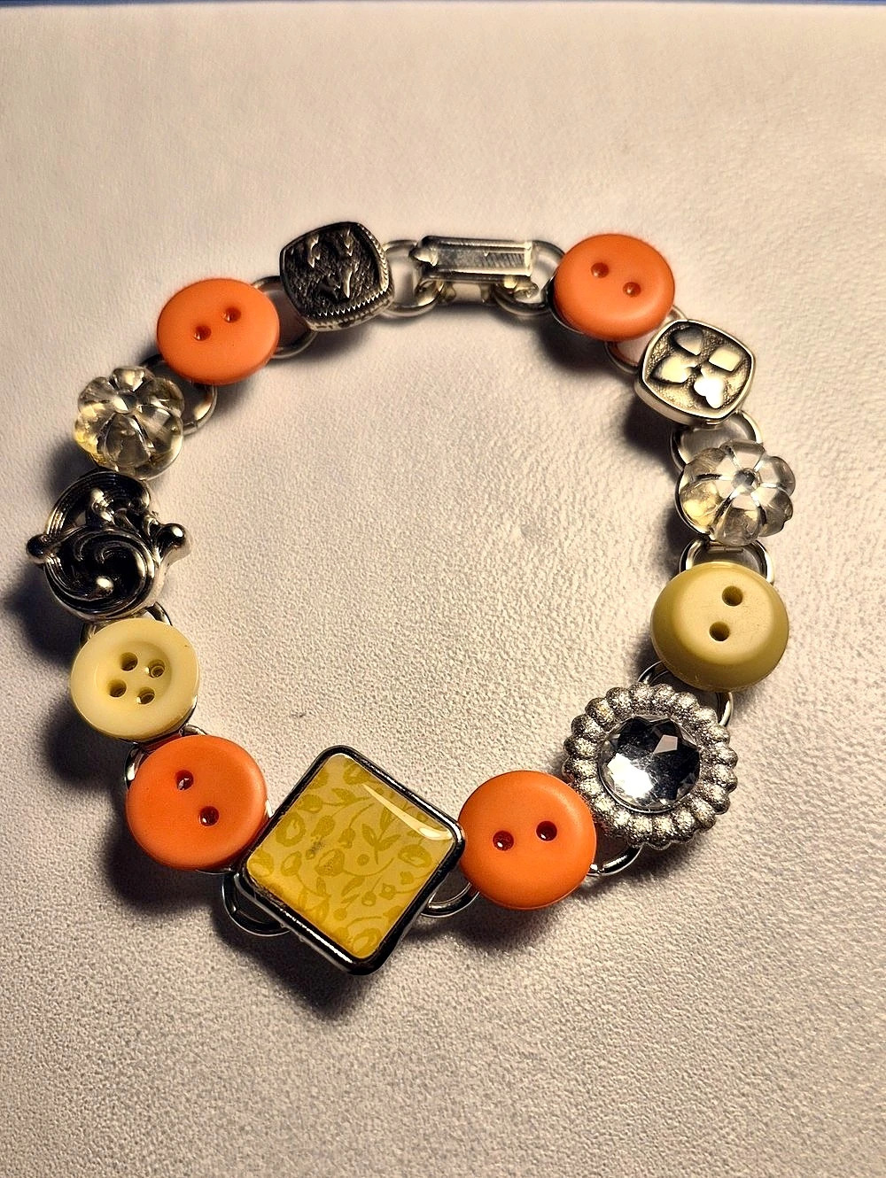 Vintage Artisan Handmade Button Charm Bracelet Orange Yellow Silver